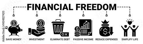 Financial freedom banner web icon vector illustration concept with icon of save money, investment, eliminate debt, passive income, reduce expenses, simplify life icons. Solid black color symbol.