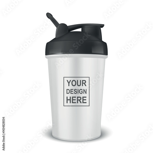 Vector Realistic 3D White Empty Glossy Metal Shaker Bottle With White Cap for Fitness Sports Nutrition Supplement Workout Hydration Closeup Isolated. Packaging Mockup Design Template