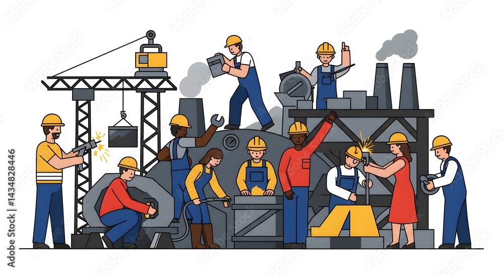 Obraz premium Factory Workers Manufacturing Production Line: Diverse Team Assembling Products