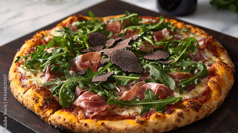 A delicious gourmet pizza with prosciutto, truffle, and arugula served on a wooden board. A delicious gourmet pizza with prosciutto, truffle, and arugula served on a wooden board.