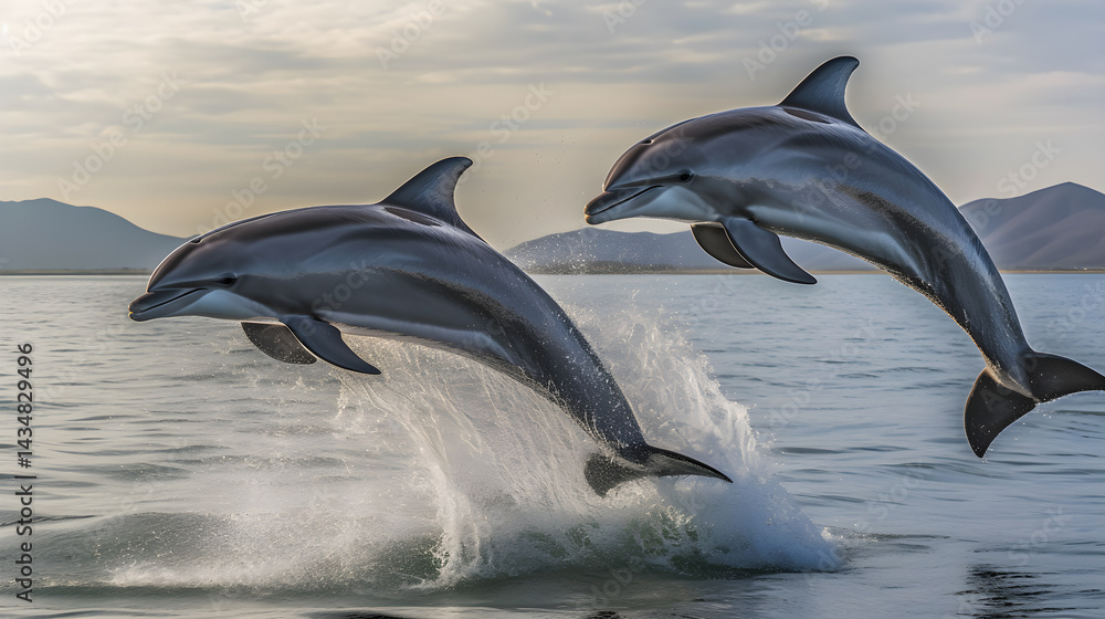 Fototapeta premium Two dolphins leaping out of the water with mountains in the background.