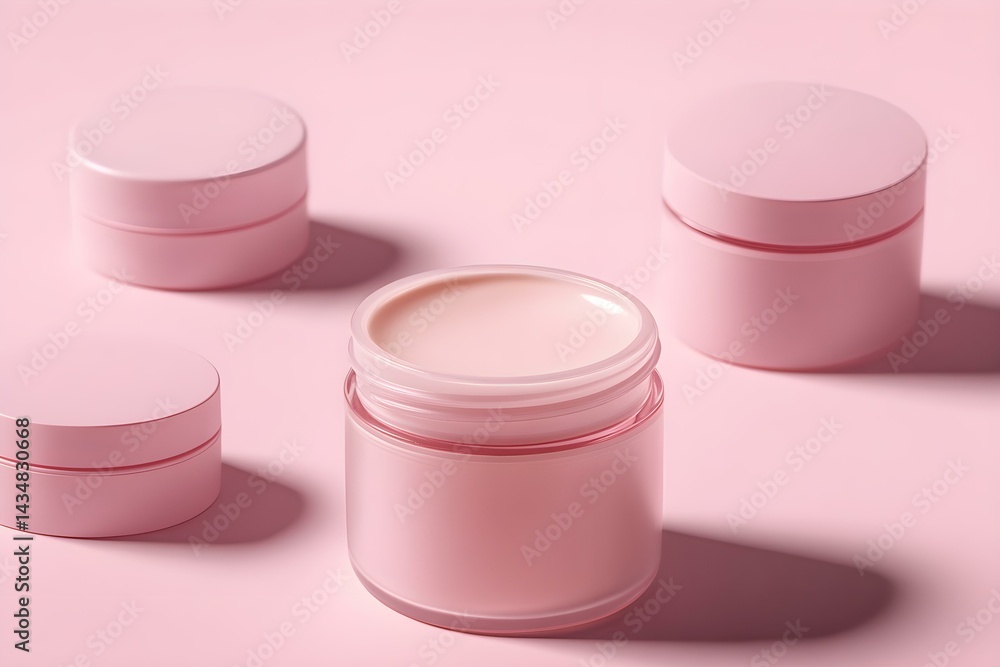 Elegant Regular Pattern of Closed Cream Jars on Pastel Pink Background Elegant Regular Pattern of Closed Cream Jars on Pastel Pink Background