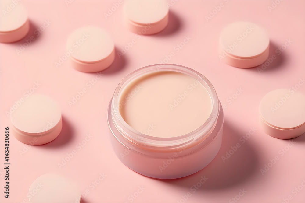Elegant Regular Pattern of Closed Cream Jars on Pastel Pink Background Elegant Regular Pattern of Closed Cream Jars on Pastel Pink Background