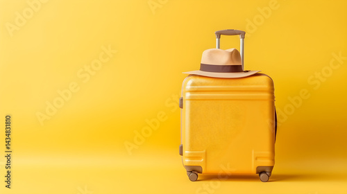 A yellow suitcase with a hat on top, sitting on a yellow background with a yellow hat on top of it.