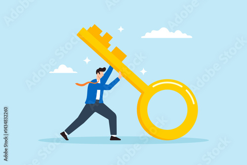 Flat illustration of businessman push big golden key with effort unlock business success leadership career opportunity