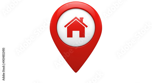 A red map pin with a white circle and a red house icon on a black background location indicator