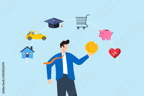 Flat illustration of businessman hold money coin and think budget planning financial management with expenses in house car graduation cap shopping cart piggy bank healthy heart
