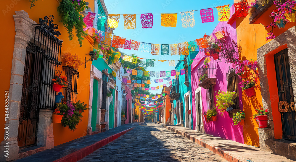 Fototapeta premium Festive Mexican street scene with vibrant papel picado banners and colorful buildings. Perfect for Cinco de Mayo, Day of the Dead, travel, or cultural themes.