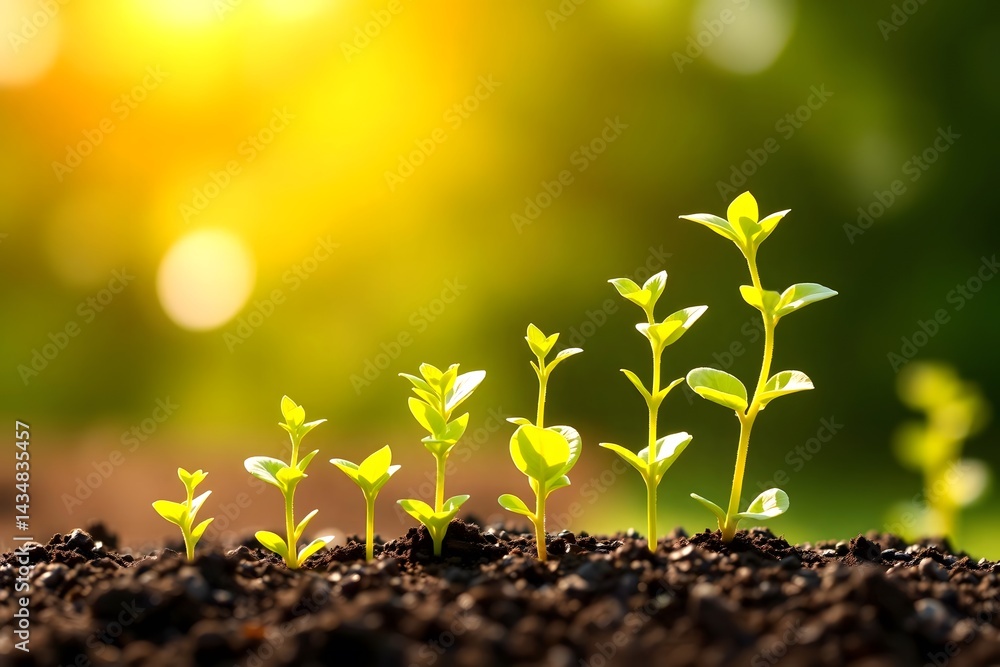 Concept of business growth, Young plants increase on sunny background. Growing money, environment, finance and investment. profit, development and success.