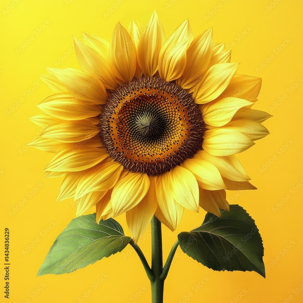 Naklejka premium A vibrant sunflower stands tall against a bright yellow background, showcasing its intricate petals and seeds, symbolizing positivity and warmth, ideal for cheerful designs