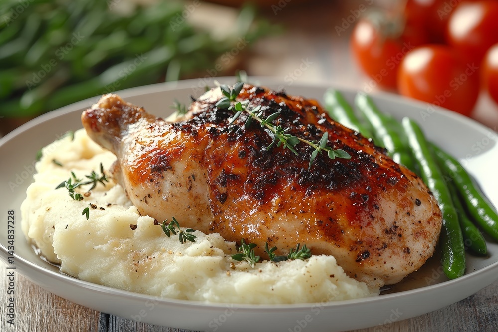 Roasted chicken breast, mashed potatoes, green beans, rustic setting, food photography Roasted chicken breast, mashed potatoes, green beans, rustic setting, food photography
