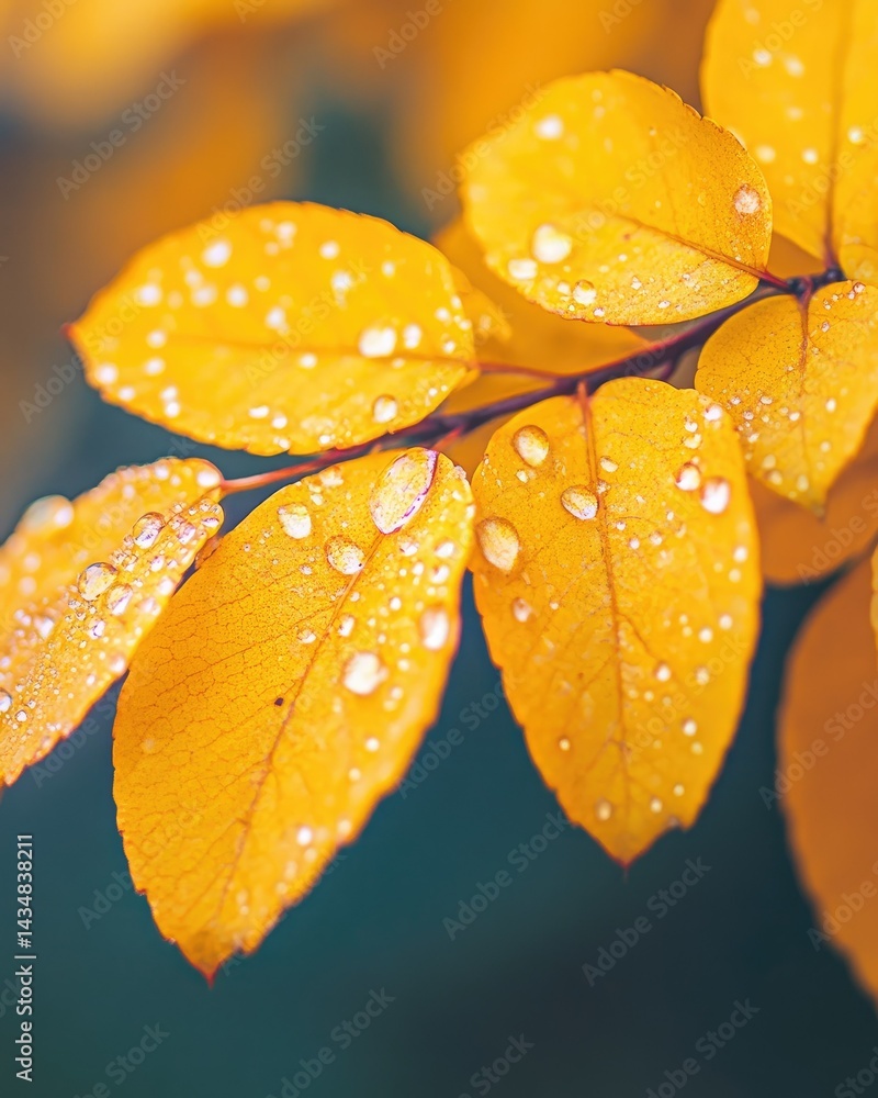 Close-up view of vibrant yellow autumn leaves adorned with water droplets, capturing the essence of nature's beauty during the fall season, with a soft focus background enhancing the colors Close-up view of vibrant yellow autumn leaves adorned with water droplets, capturing the essence of nature's beauty during the fall season, with a soft focus background enhancing the colors