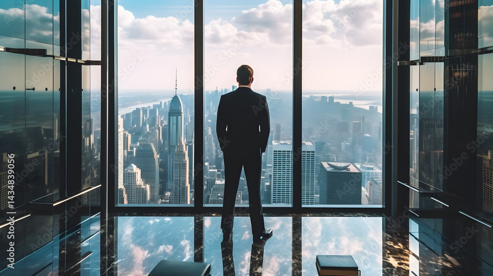 A businessman standing in a modern office with a city skyline view. A businessman standing in a modern office with a city skyline view.