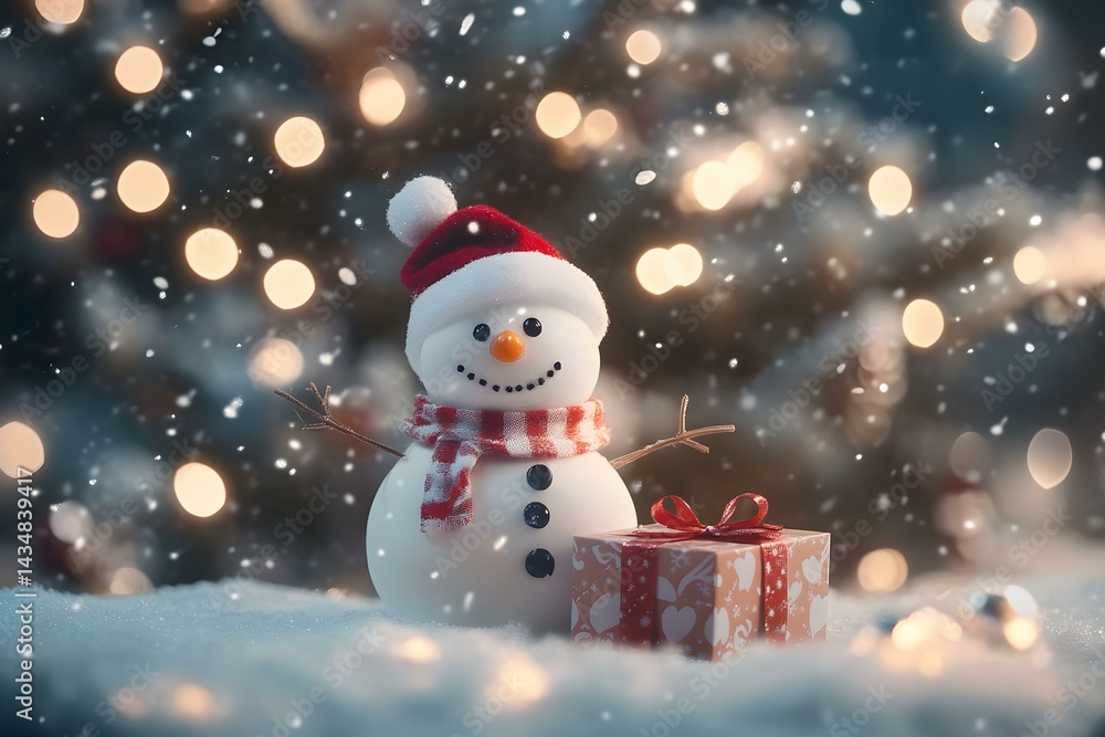 Festive Christmas Winter Background with Funny Snowman and Cheerful Decorations Festive Christmas Winter Background with Funny Snowman and Cheerful Decorations