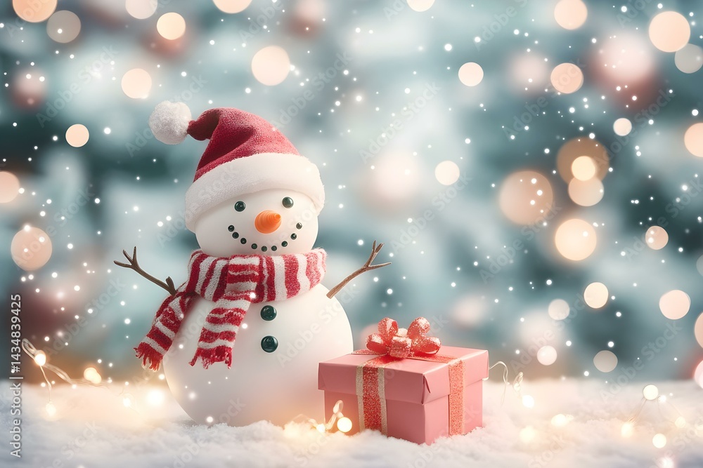 Festive Christmas Winter Background with Funny Snowman and Cheerful Decorations Festive Christmas Winter Background with Funny Snowman and Cheerful Decorations
