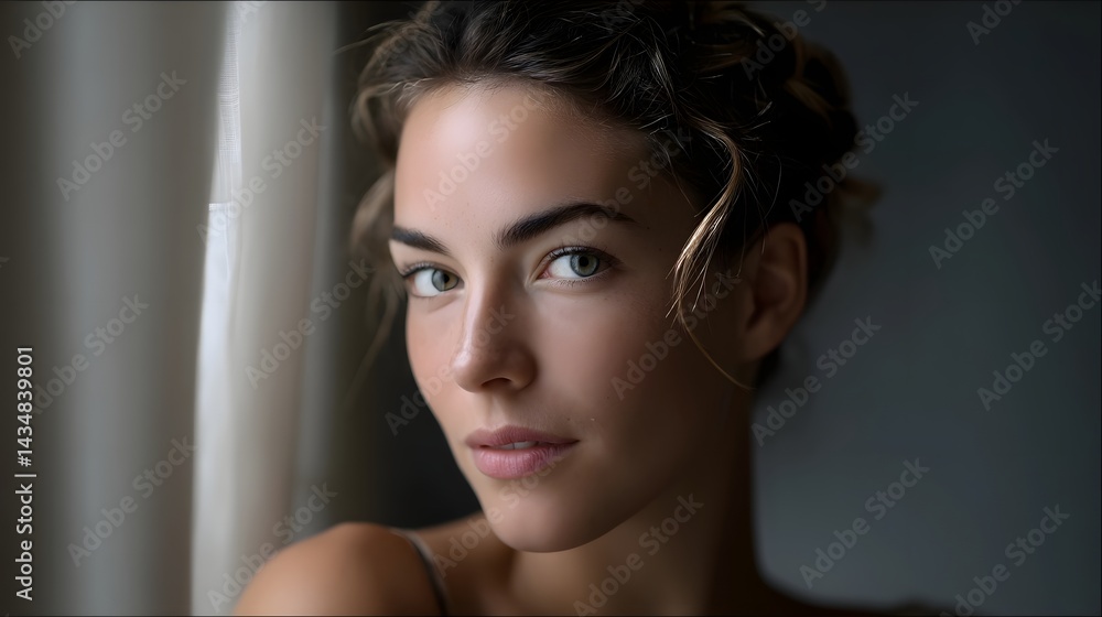 Young woman in thoughtful gaze, bathed in soft light; quiet intensity and serene focus.