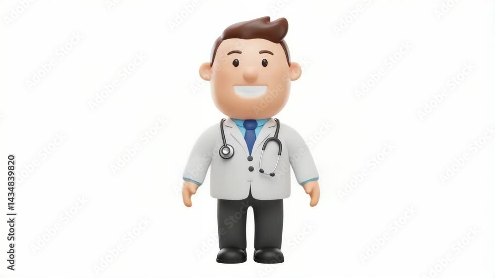 A cute 3D character doctor standing confidently with a stethoscope and medical uniform. A cute 3D character doctor standing confidently with a stethoscope and medical uniform.