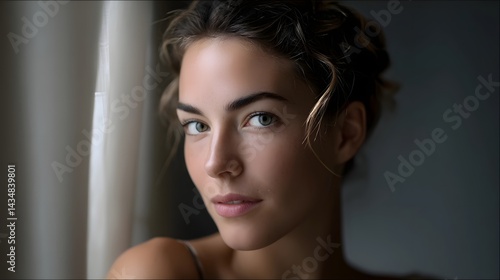 Obraz na płótnie Young woman in thoughtful gaze, bathed in soft light; quiet intensity and serene focus. w salonie