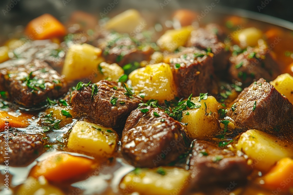 Beef stew with potatoes, carrots simmering Beef stew with potatoes, carrots simmering