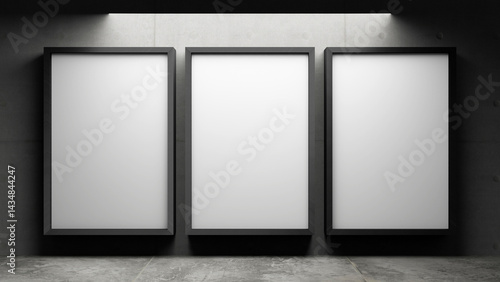 Triple Empty Portrait Frame Banner Size 2x3 meter on the Grey Wall Indoor Natural Lighting Minimalist Industrial Urban Baliho Photo Advertising