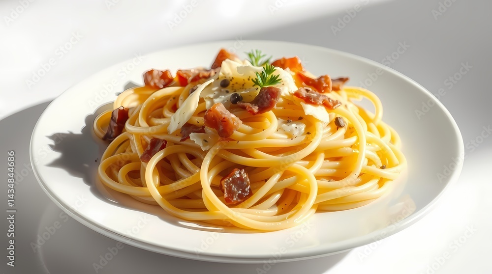 A 3D-rendered plate of creamy spaghetti carbonara with pancetta, parmesan, and black pepper, dramatically lit with high contrast to create tension and intensity A 3D-rendered plate of creamy spaghetti carbonara with pancetta, parmesan, and black pepper, dramatically lit with high contrast to create tension and intensity