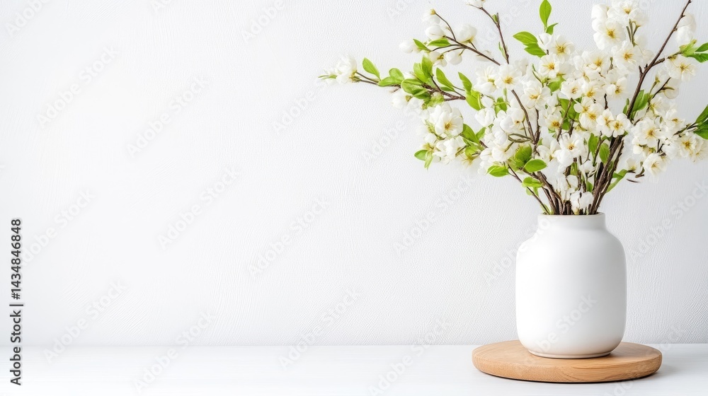 Fototapeta premium A white ceramic vase with delicate white flowers on a wooden coaster, minimalist composition against a plain light background, and serene and elegant home decor.
