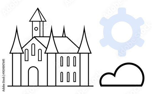 Black outline of a castle with tall spires next to a faint blue gear and curved cloud. Ideal for fantasy, innovation, imagination, progress, architecture, storytelling, connectivity. Flat simple