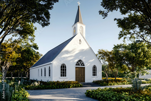 Serene white chapel nestled amidst lush greenery, bathed in soft sunlight.  Ideal for wedding, faith, peace, tranquility themes.