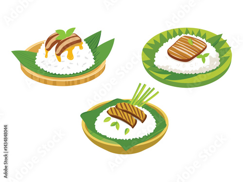 vector illustration of a thai food Khao Niew Moo Ping (Sticky Rice with Grilled Pork)
