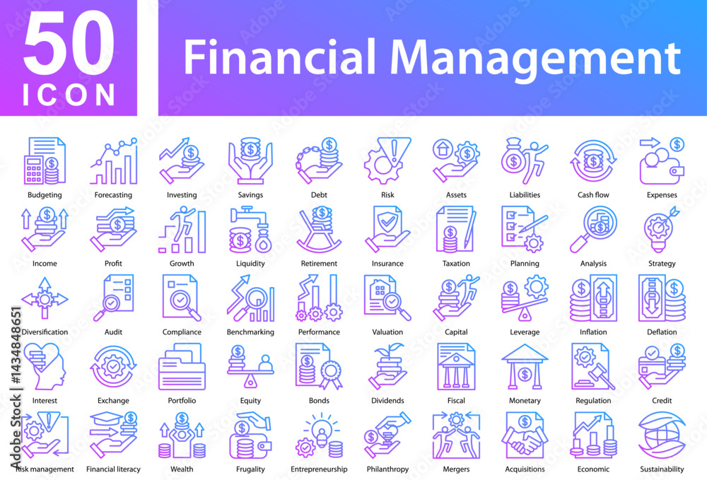 Fototapeta premium Financial Management Icon Collection and Symple Concept Outline Gradient