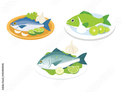 vector illustration of a thai food Pla Neung Manao (Steamed Fish with Lime and Garlic)