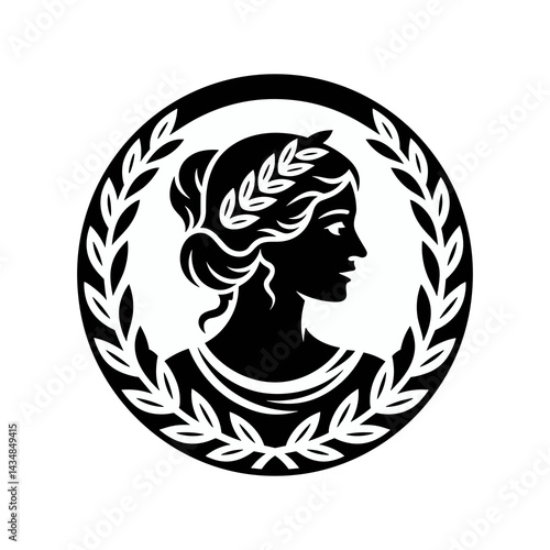 Classic Female Head Profile Graphic Illustration with Laurel Wreath and Circle Border