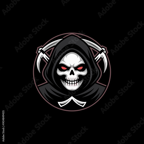 Dark Grim Reaper Skull Esport Gaming Mascot Logo Illustration with Hood and Crossed Scythes