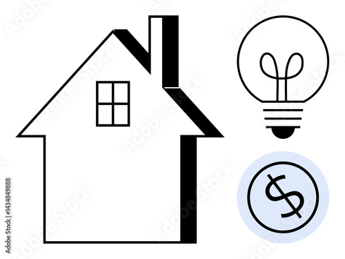 House outline, light bulb, and dollar sign conceptually represent energy efficiency, home utility planning, cost-saving strategies, sustainable living, financial management. Ideal for housing, energy
