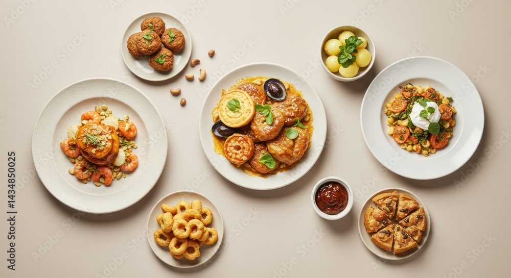 Assortment of plated food dishes on a light beige surface overhead shot. Assortment of plated food dishes on a light beige surface overhead shot.
