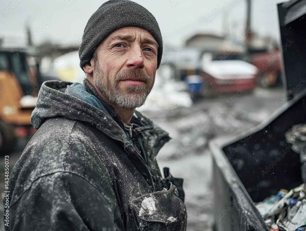 Obraz premium A weathered man stands near a dumpster, seemingly contemplative, with a gritty urban backdrop and a snowfall adding texture to the scene.