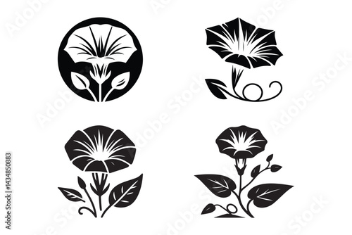 Morning Glory silhouettes on white background. Morning glory flower icons.
