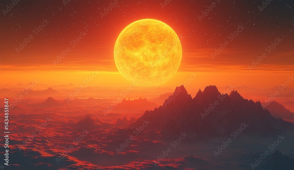 Fiery celestial orb above a mountainous landscape. Fiery celestial orb above a mountainous landscape.