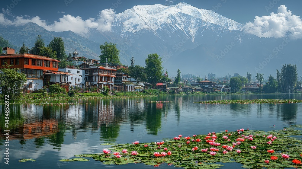 Fototapeta premium Serene mountain village reflected in tranquil lake waters.