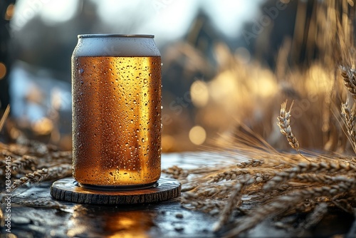 Cold beer can outdoors sunset
