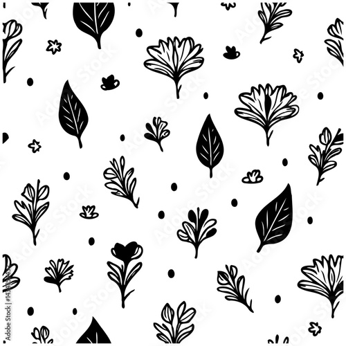 Botanical pattern with hand-drawn black leaves, flower on white background
