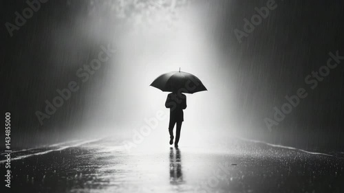 Man walks under umbrella in heavy rain