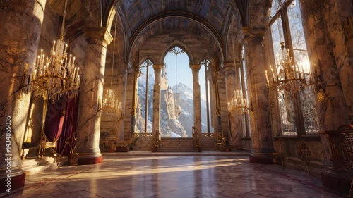 Elegant Hall with Panoramic Landscape of Mountains and Castle