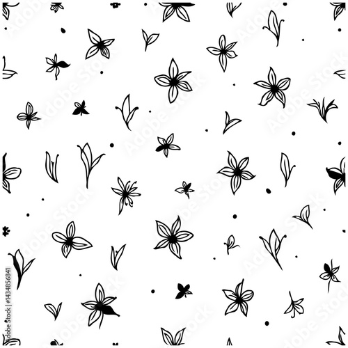 Elegant Floral Pattern: A Minimalist Black and White Botanical Textile Design