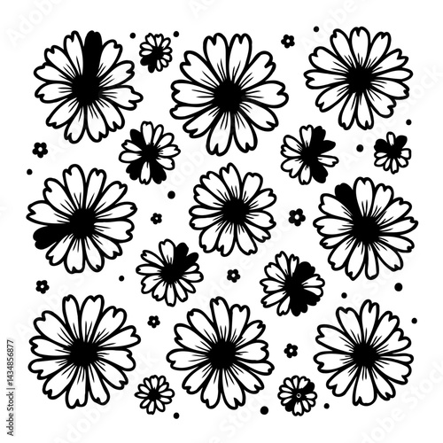 Floral symphony in monochrome: A serene botanical composition of outlined daisies