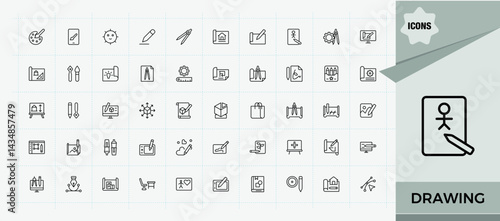 Drawing linear icon collection. Contains such symbols as graphic, artist, art, draw, designer, creative and more. Artist icon set. Minimalist editable vector stroke. Vector artwork and illustration.