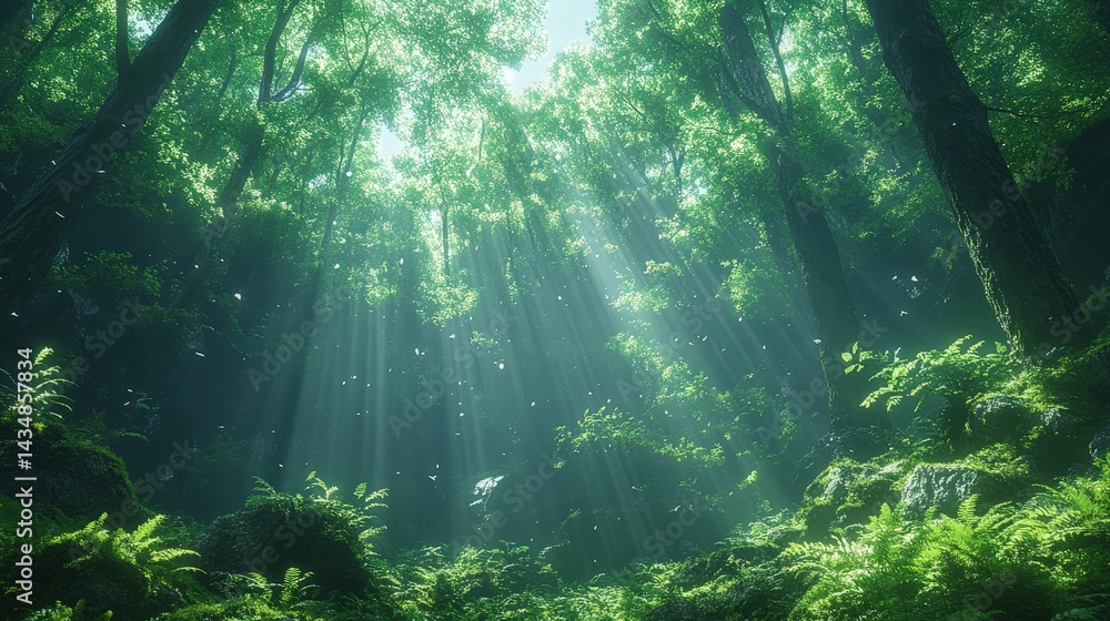Lush, sunlit forest interior, bathed in soft light. Lush, sunlit forest interior, bathed in soft light.