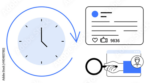 Clock with arrow, social media card metrics, hand with magnifier analyzing profile. Ideal for time management, social engagement, analytics, content strategy, productivity, growth tracking simple