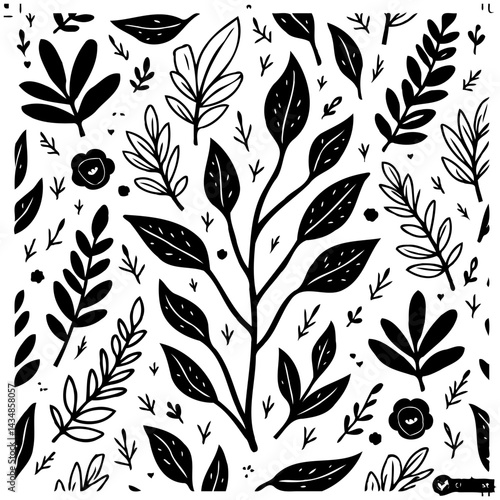 Botanical vector pattern showing diverse leaf and flower arrangements design