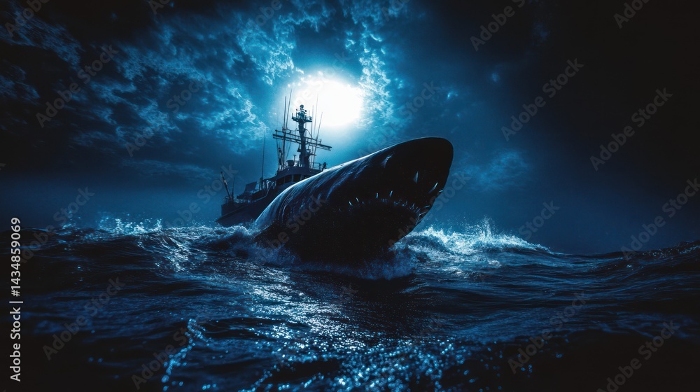 Fototapeta premium Nightmare on the Sea: A colossal shark breaches the ocean's surface near a vessel